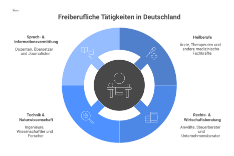 Mindmap mit dem zentralen Knoten „Freiberufliche Tätigkeiten“ und vier Hauptkategorien: Heilberufe, Rechts- & Wirtschaftsberatung, Technik und Sprachvermittlung.