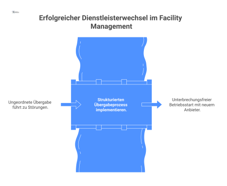  Infografik, die den strukturierten Übergabeprozess beim Wechsel eines Dienstleisters im Facility Management mit klaren Prozessschritten darstellt. 