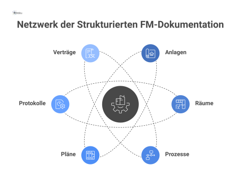 Netzwerkdiagramm mit zentralem Hub 'Strukturierte FM-Dokumentation', der mit Icons für Anlagen, Räume und Prozesse sowie verknüpften Dokumenten verbunden ist. 