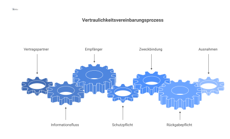 Infografik einer einseitigen Vertraulichkeitsvereinbarung, die den Informationsfluss vom Vertragspartner zum Empfänger und dessen Pflichten wie Schutz und Rückgabe zeigt.