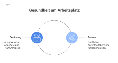 Diagramm zum Thema Gesundheit am Arbeitsplatz, das die zwei Hauptbereiche Ernährung sowie Pausen und Regeneration mit Icons darstellt.