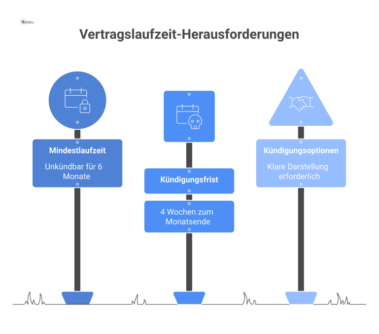 Zeitleiste einer Vertragslaufzeit Eine Zeitleiste, die eine 6-monatige Mindestvertragslaufzeit darstellt, gefolgt von einer monatlichen Kündigungsoption mit vierwöchiger Frist zum Monatsende.