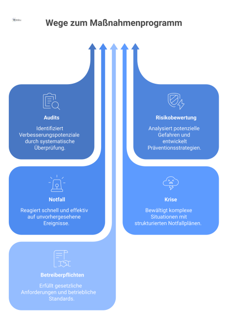 Flussdiagramm, das den Input-Prozess für ein Maßnahmenprogramm darstellt, bei dem fünf Quellen zu einem ganzheitlichen Gesamtbild zusammenfließen.