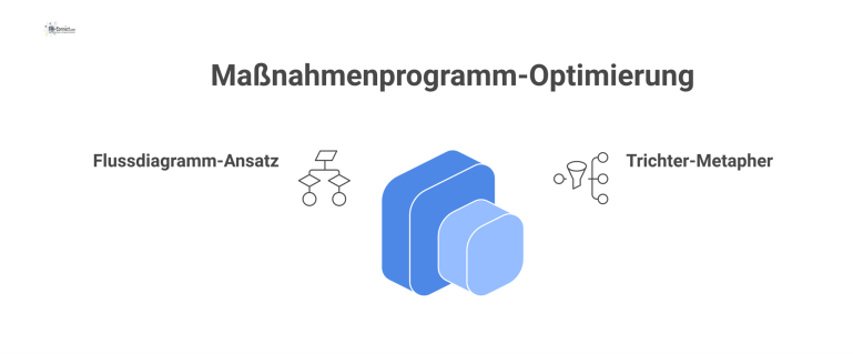 Ein Trichter-Diagramm, das zeigt, wie fünf beschriftete Inputs wie Audits und Krisenanforderungen oben einfließen und unten ein konsolidiertes Maßnahmenprogramm ergeben.