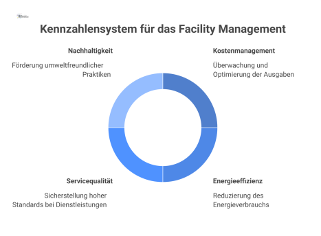  Infografik eines Kennzahlensystems für das Facility Management, das die Steuerung des Gebäudebetriebs mit Kennzahlen für Kosten, Energie und Servicequalität zeigt.