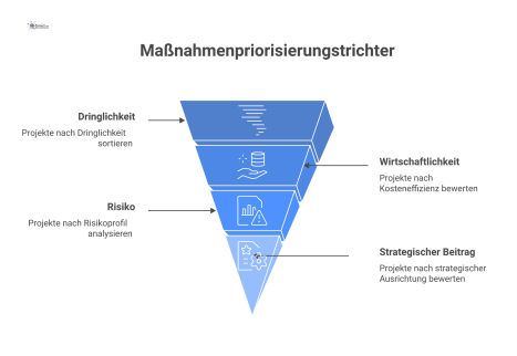 Ein Trichter-Diagramm, das Projekte nach Kriterien wie Dringlichkeit und Wirtschaftlichkeit filtert und eine priorisierte Rangliste für die Budgetplanung ausgibt.