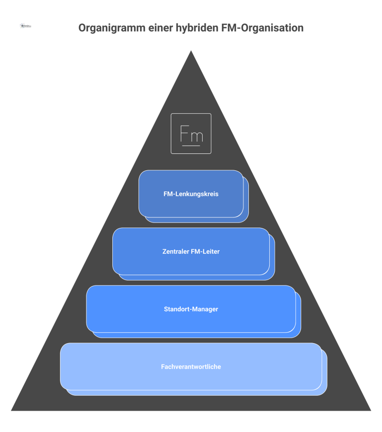 Organigramm einer hybriden FM-Organisation Organigramm einer hybriden FM-Organisation mit Lenkungskreis, zentraler Steuerungseinheit und dezentralen Standorten in einer Matrix-Struktur.