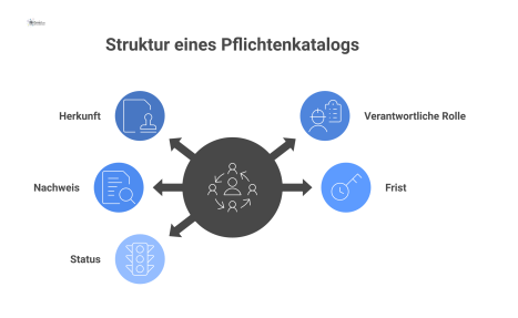 Infografik über die Struktur eines Pflichtenkatalogs mit einer zentralen Anforderung und ihren Elementen: Herkunft, Rolle, Nachweis, Frist und Status.