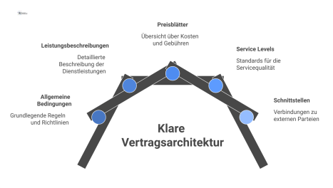 Diagramm einer Vertragsarchitektur, das Hauptbestandteile wie Leistungsbeschreibungen und Preisblätter sowie Schnittstellen zu Mietern, Behörden und Dienstleistern zeigt.