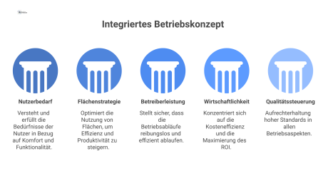  Infografik eines integrierten Betriebskonzepts mit fünf zentralen Säulen: Nutzerbedarf, Flächenstrategie, Betreiberleistung, Wirtschaftlichkeit und Qualitätssteuerung, visualisiert durch Icons. 