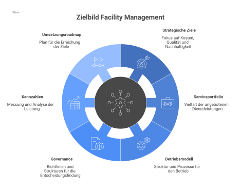 Infografik zum Zielbild Facility Management: Ein zentrales Element ist per Linien mit den Kernkomponenten wie strategische Ziele und Serviceportfolio verbunden. 